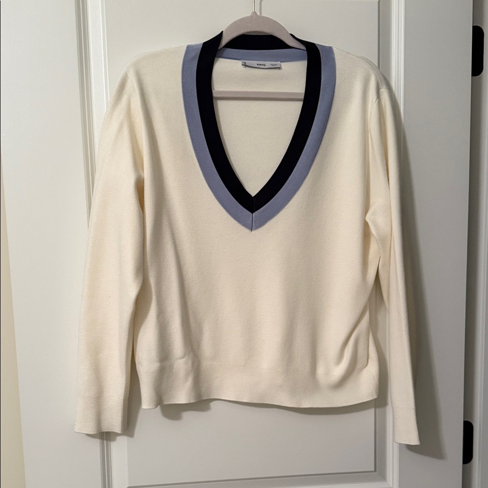 Mango Cream V-Neck Sweater with Navy and Light Blue Trim